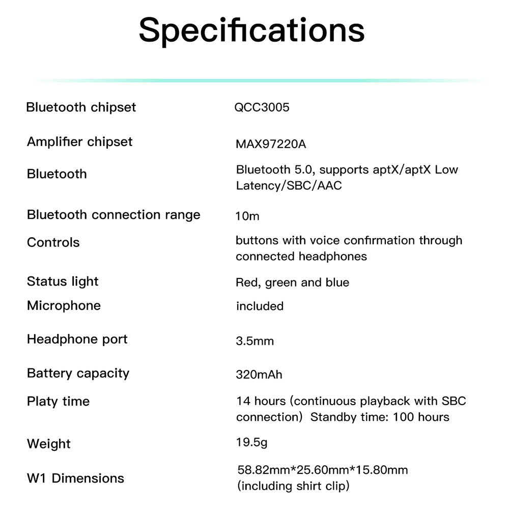 Specifications of HiBy W1 - Wireless Bluetooth HiFi Amplifier
