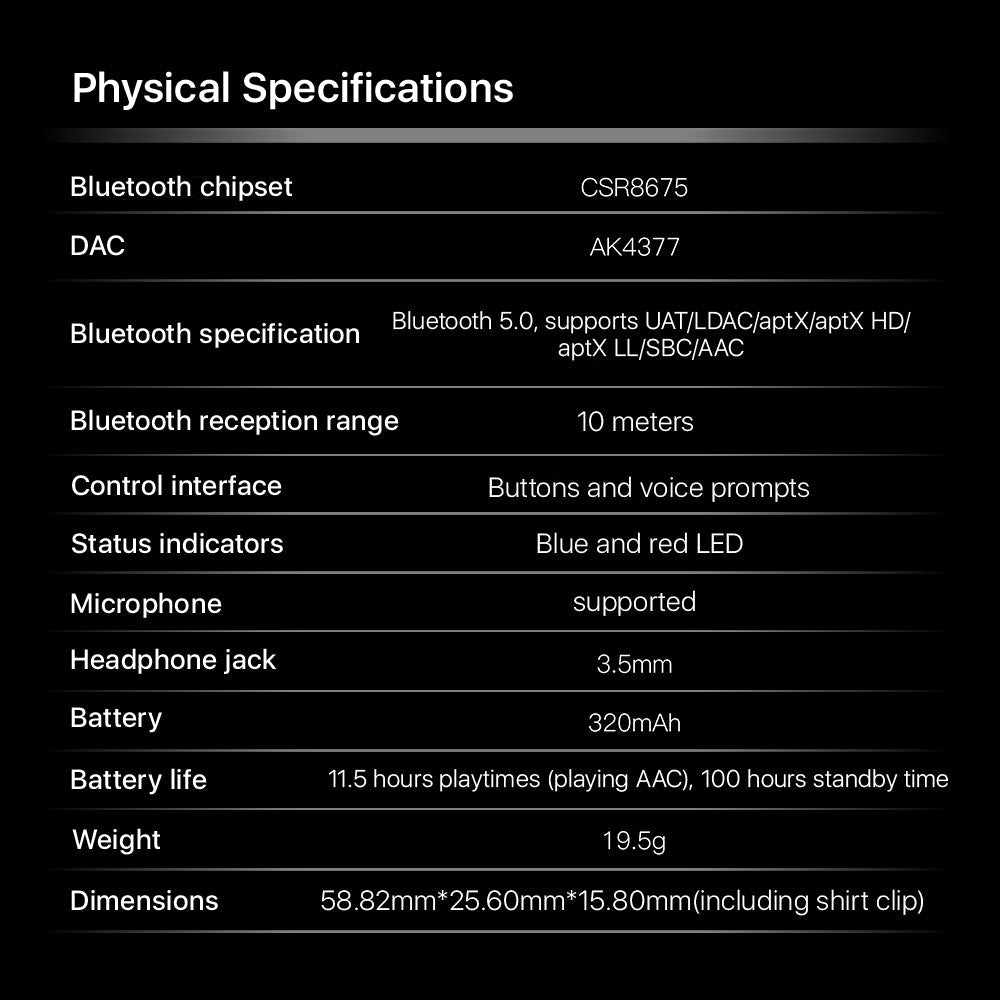Physical Specifications of HiBy W3 - Wireless Bluetooth HiFi Amplifier
