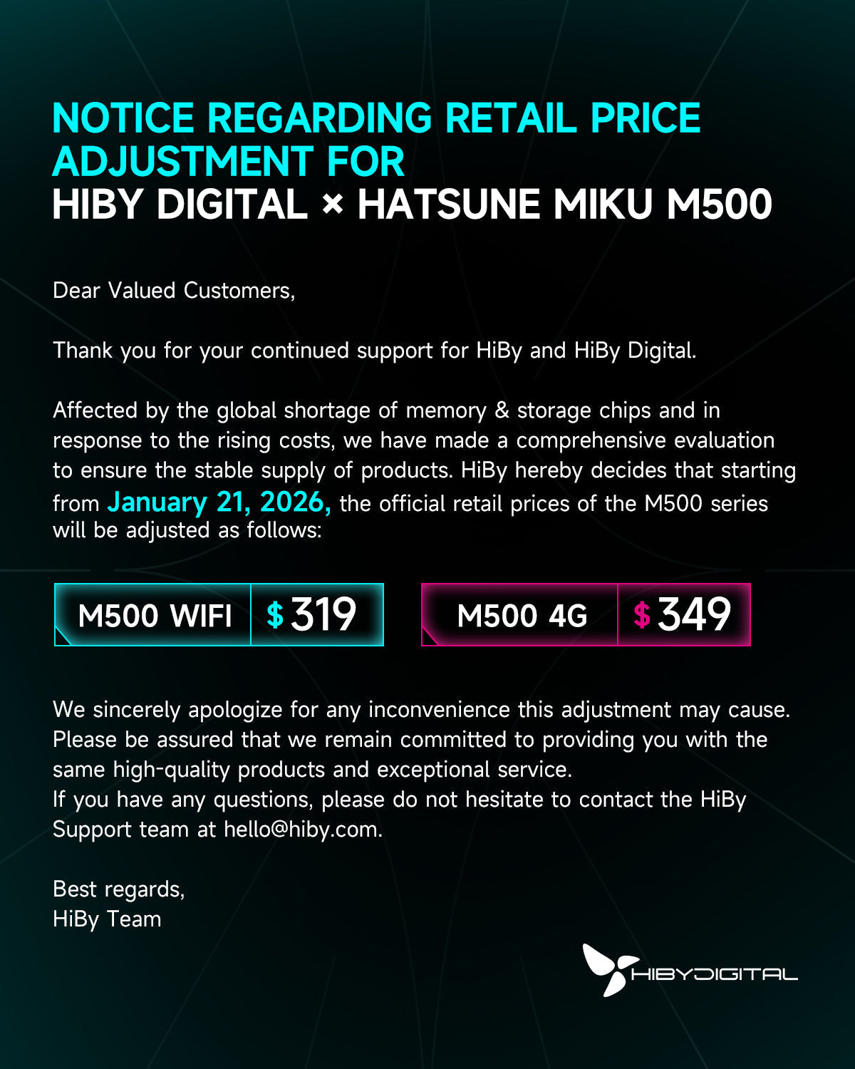 Notice Regarding Retail Price Adjustment for HiBy Digital X Hatsune Miku M500